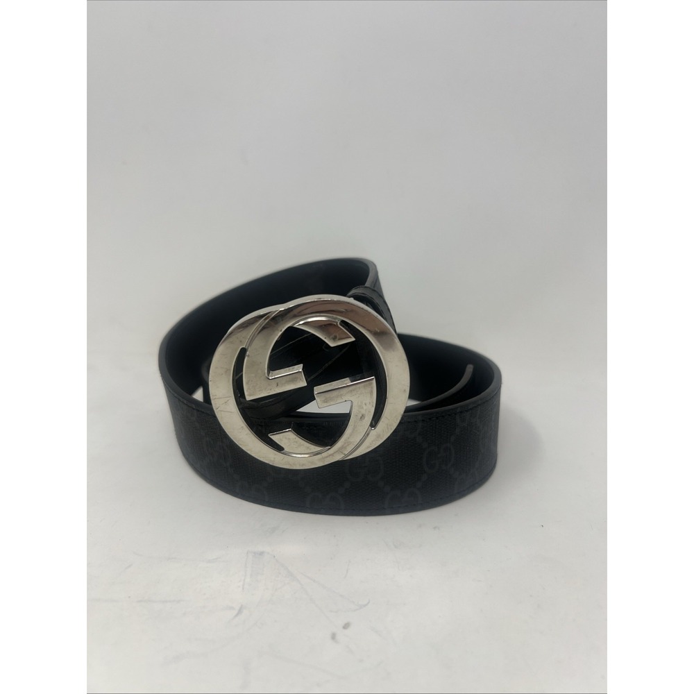 Gucci Black Leather Belt with Silver Interlocking G Buckle